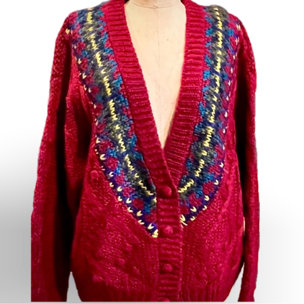 Vintage 1990 deep v neck‎ cardigan cable knit sweater fair isle oversized 80s
